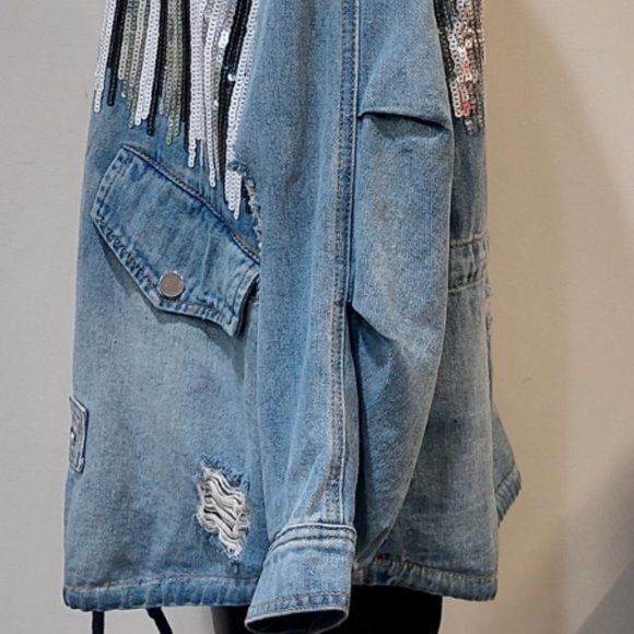 ๐ฅVTG 70s HIPPIE STYLE๐ฅ Distressed Sequinned Denim Anorak Jacket - Picture 11 of 16